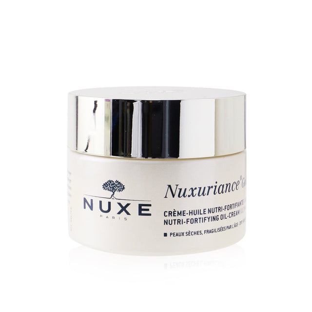 Nuxe Nuxuriance Gold Oil Cream in a 50ml jar, enriched with saffron and porcelain rose for anti-aging and radiance.