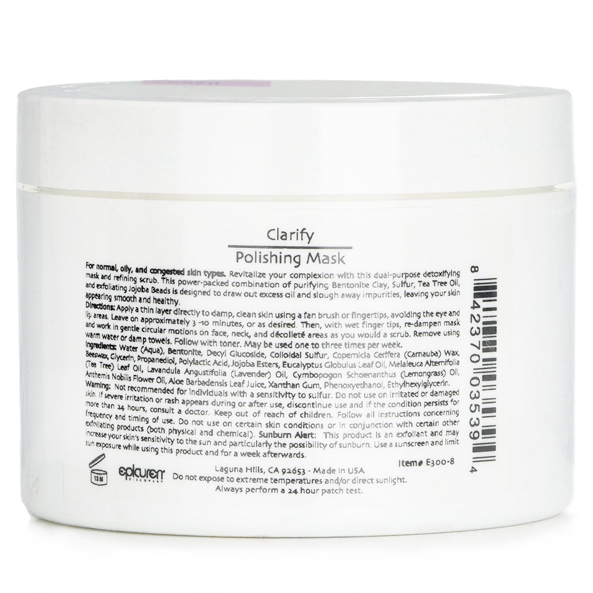Epicuren Clarify Polishing Mask in 250ml, a detoxifying scrub for oily and congested skin, with Bentonite Clay and Jojoba Beads.