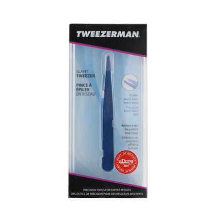 Tweezerman Slant Tweezer in Bell Bottom Blue, featuring stainless steel tips for precise brow shaping and hair removal.