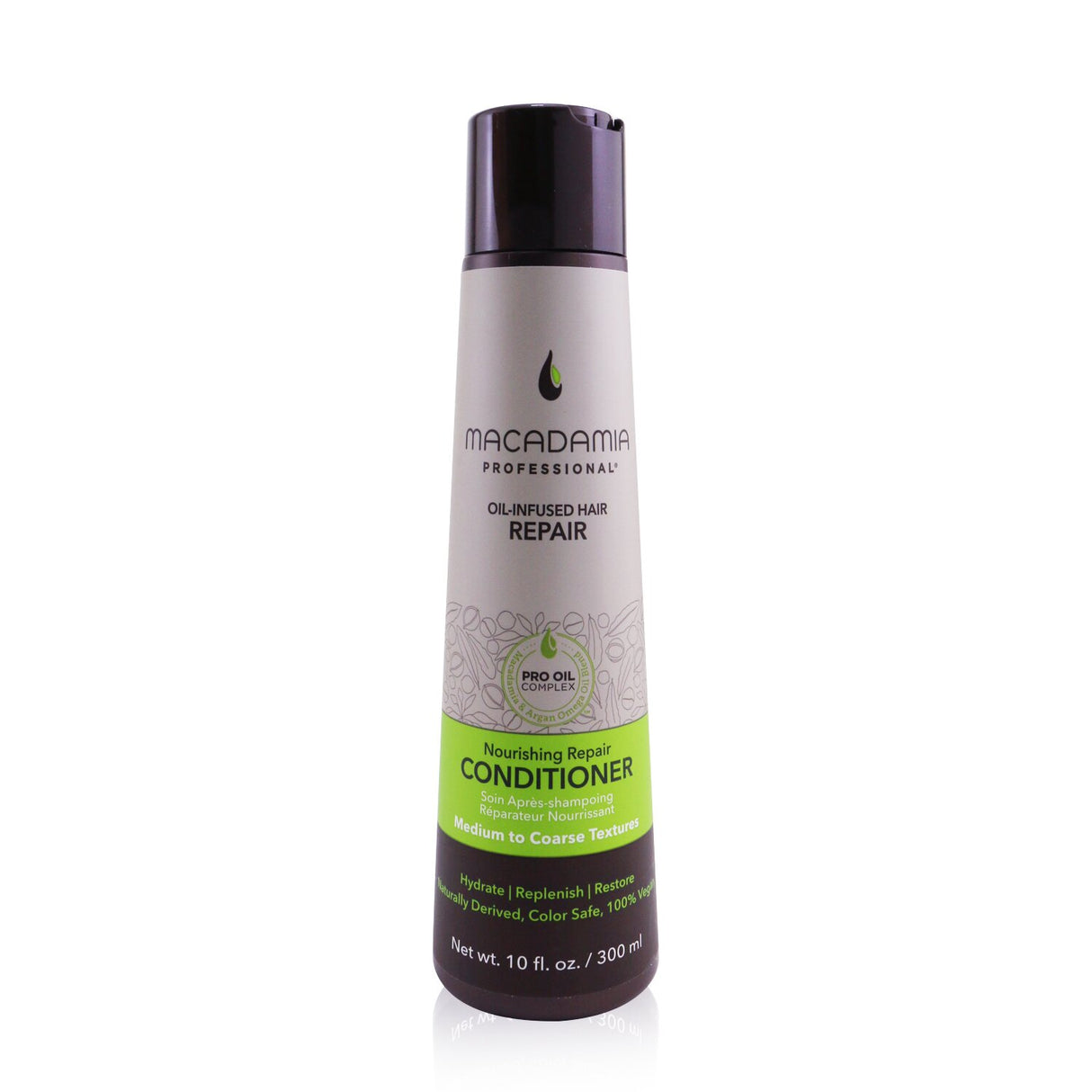 Macadamia Natural Oil conditioner in a 300ml bottle, designed for medium to coarse hair, nourishes, hydrates, and repairs damage.