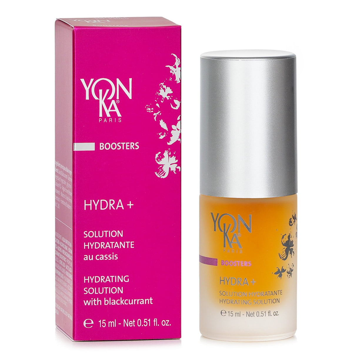 Yonka Boosters Hydra+ Hydrating Solution with Blackcurrant in a 15ml bottle, designed for deep hydration of dry skin.