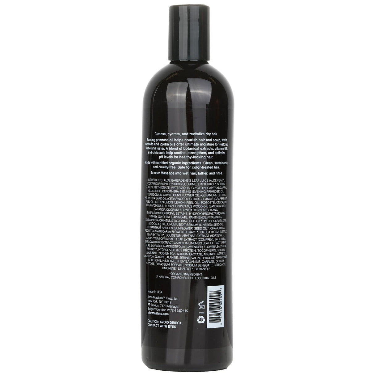 Organic shampoo for dry hair, enriched with evening primrose and jojoba oil for hydration and shine. 473ml bottle.