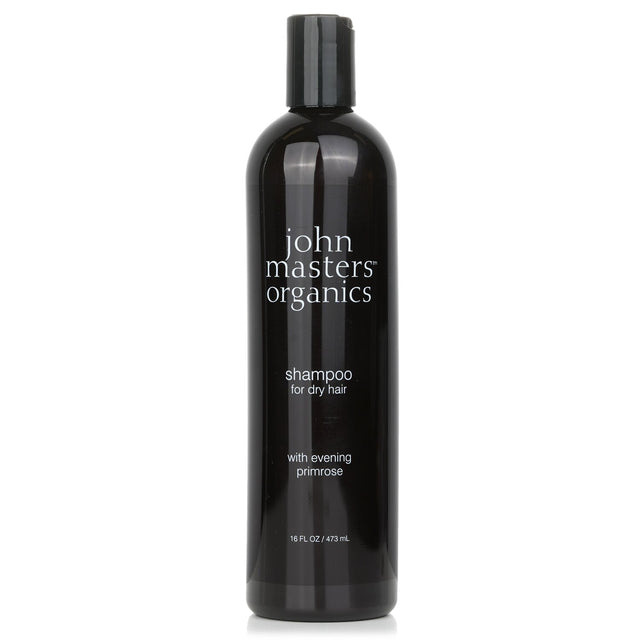 Hydrating organic shampoo for dry hair with evening primrose and jojoba oil, promoting softness and shine in a 473ml bottle.