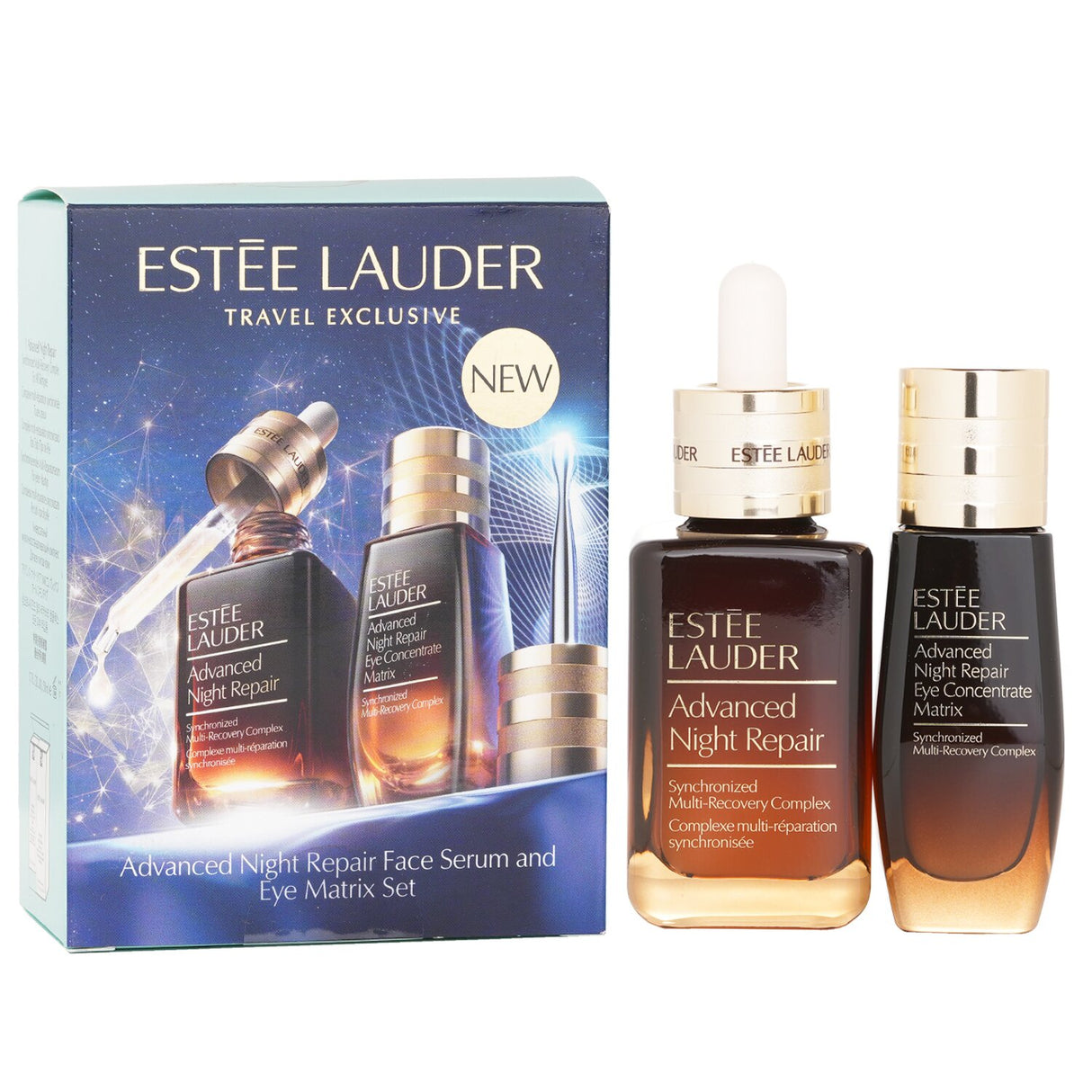Estee Lauder Advanced Night Repair Set featuring Multi-Recovery Complex and Eye Concentrate for youthful, hydrated skin.