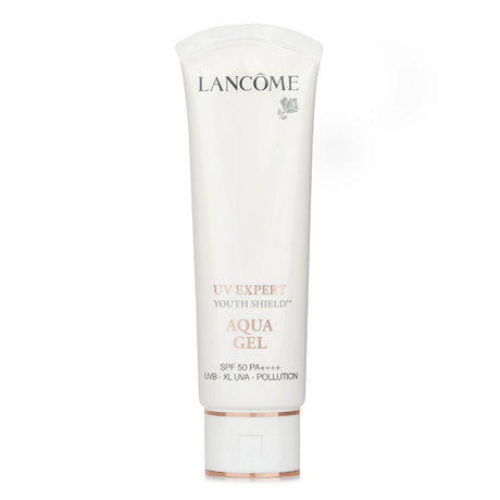 Lightweight Lancome UV Expert Youth Shield Aqua Gel SPF 50, hydrating sunscreen for hot weather, suitable for sensitive skin.