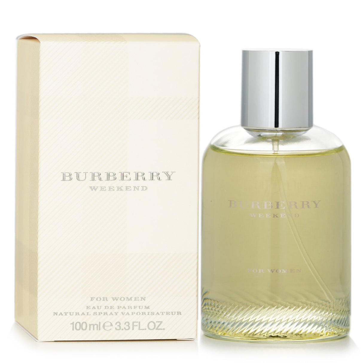 Burberry Weekend Eau De Parfum Spray for Women, a floral fragrance with tangerine, rose, and cedar notes in 100ml packaging.