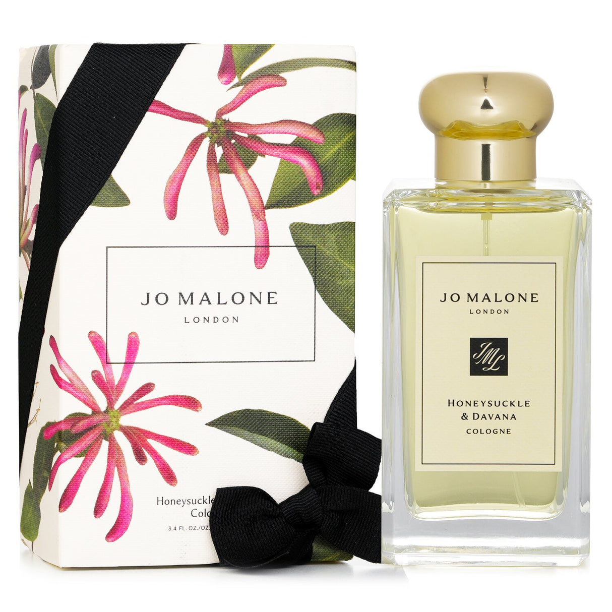 Jo Malone Honeysuckle & Davana Cologne in an elegant gift box, featuring a floral fragrance with fruity, rose, and moss notes.