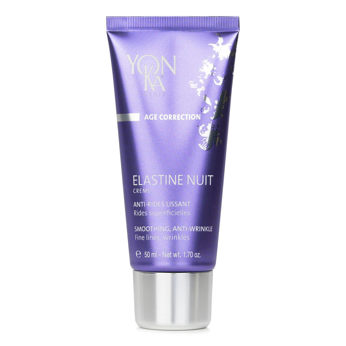 Anti-wrinkle night cream with elastin peptides, shea butter, and Vitamin C for rejuvenating mature skin.