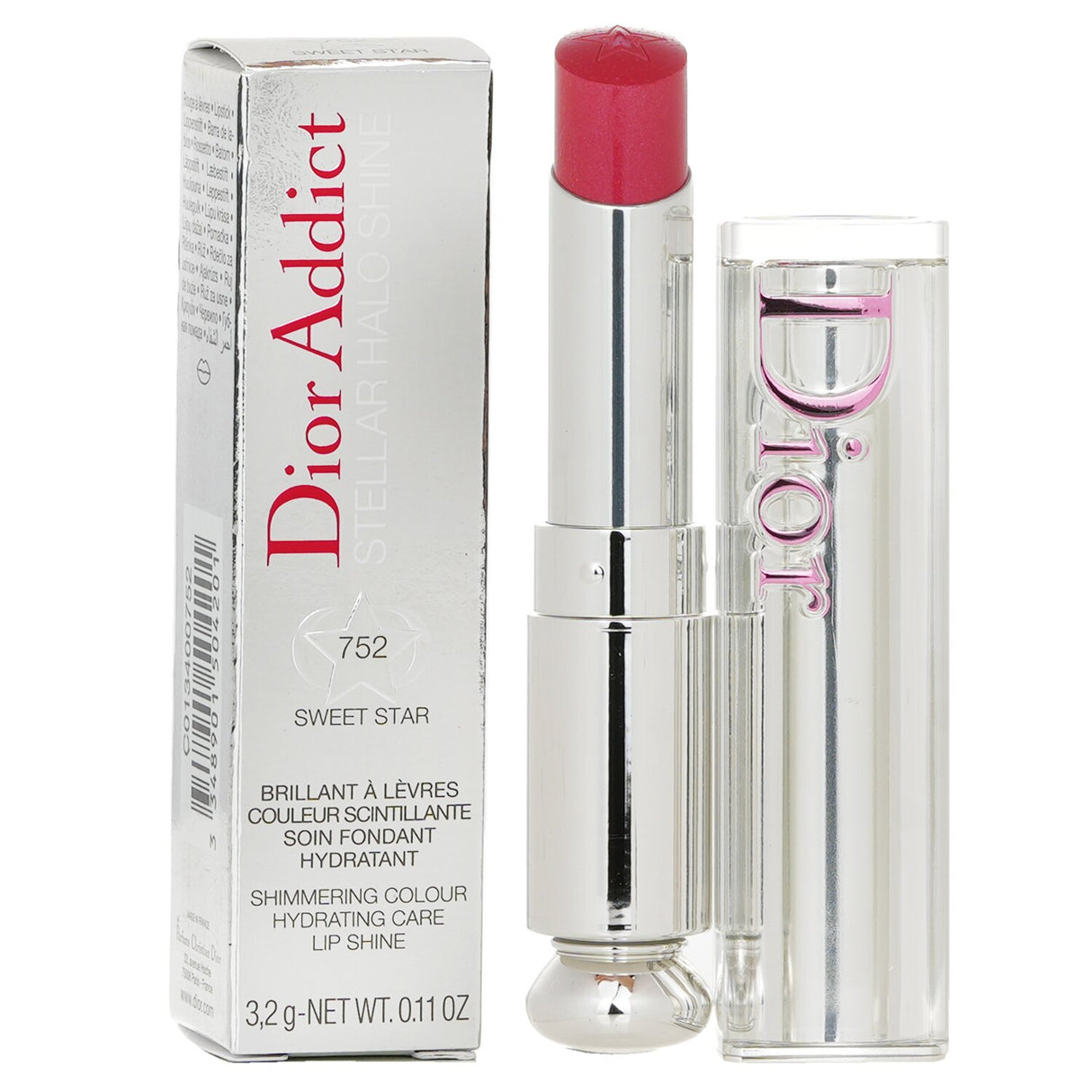 Luxurious pink lipstick with a starry center, gold shimmer, 24-hour hydration, and a subtle vanilla scent.