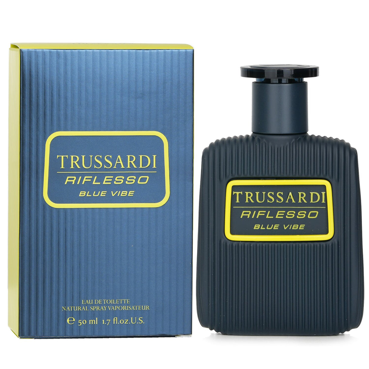 Trussardi Riflesso Blue Vibe 50ml EDT features a sweet, woody scent with Rum, Yuzu, and a warm Amberwood base, perfect for men.