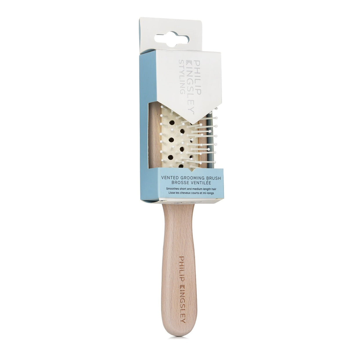 Philip Kingsley Vented Grooming Brush with anti-static properties, gentle cushioning, and a vented design for all hair types.