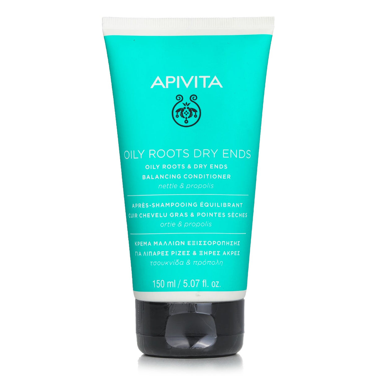 Apivita Oily Roots & Dry Ends Conditioner, enriched with nettle and propolis, balances oil and nourishes dry hair.