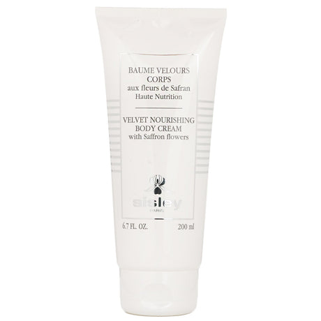 Luxurious Sisley Velvet Nourishing Body Cream with Saffron Flowers in a 200ml jar, hydrating and soothing dry skin.