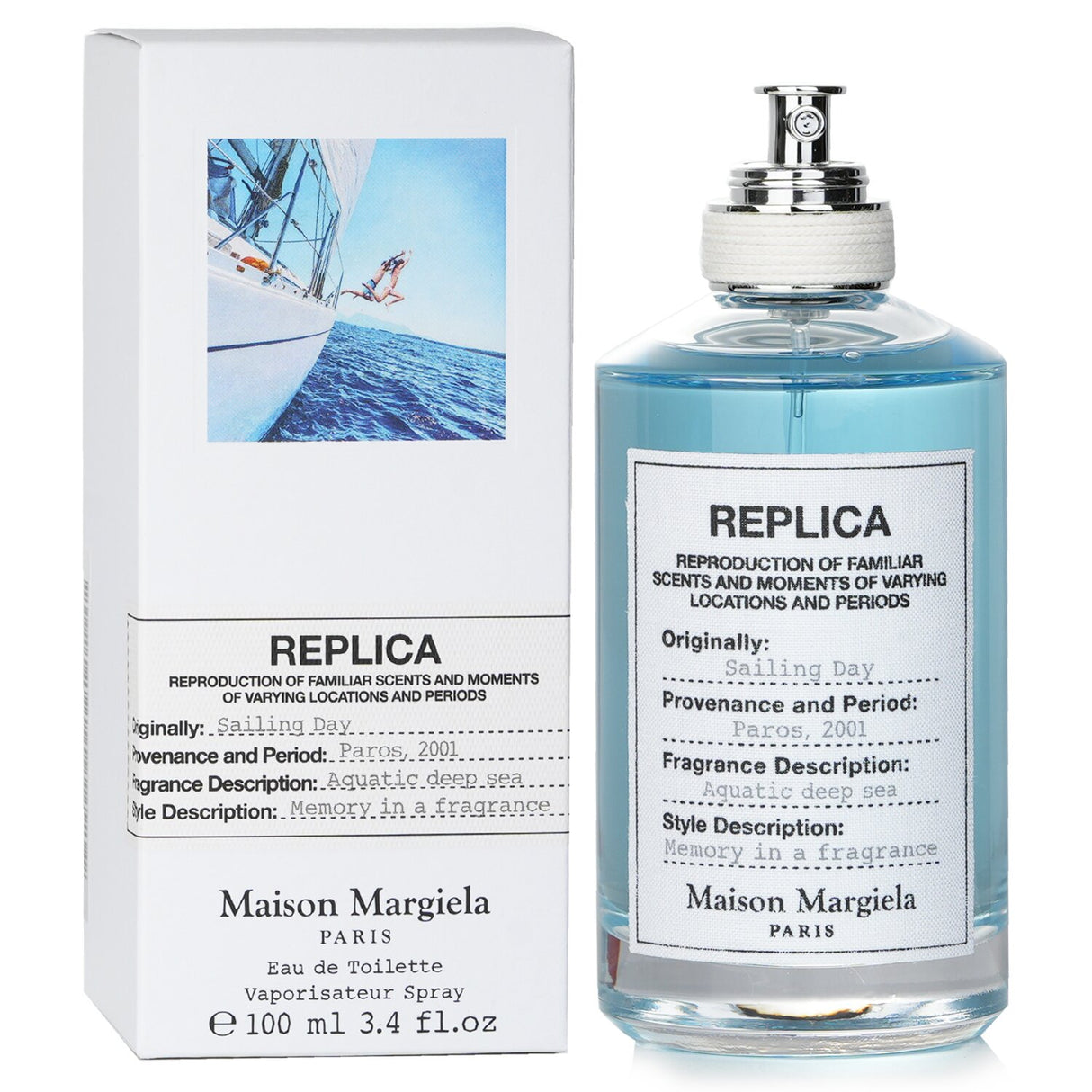 Maison Margiela Replica Sailing Day Eau De Toilette, a unisex fragrance featuring sea tones and floral notes in a 100ml bottle.