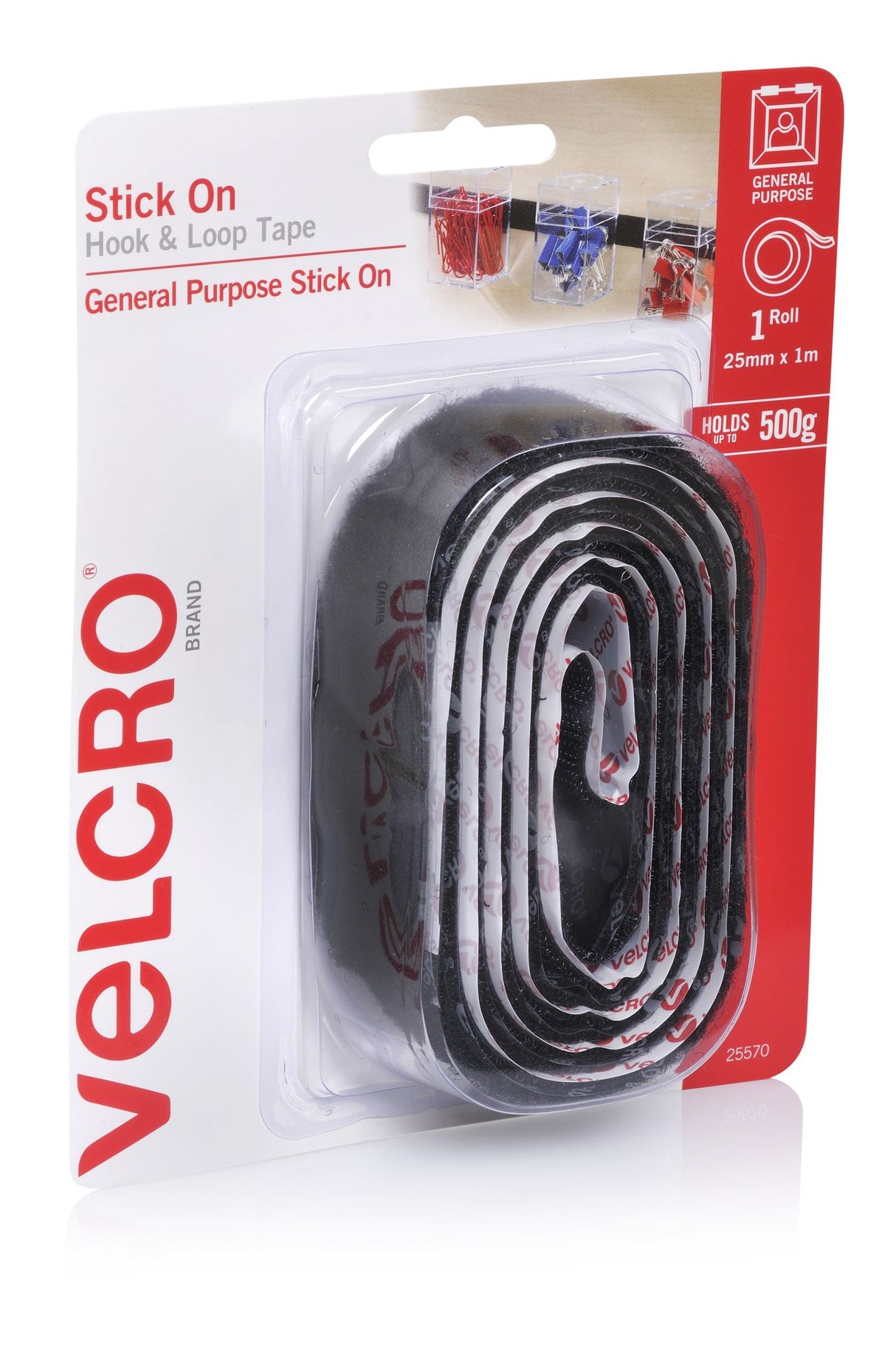 Black VELCRO® Sticky Back Tape, 1m roll, self-adhesive, 25mm wide, ideal for hanging lightweight items and crafts.