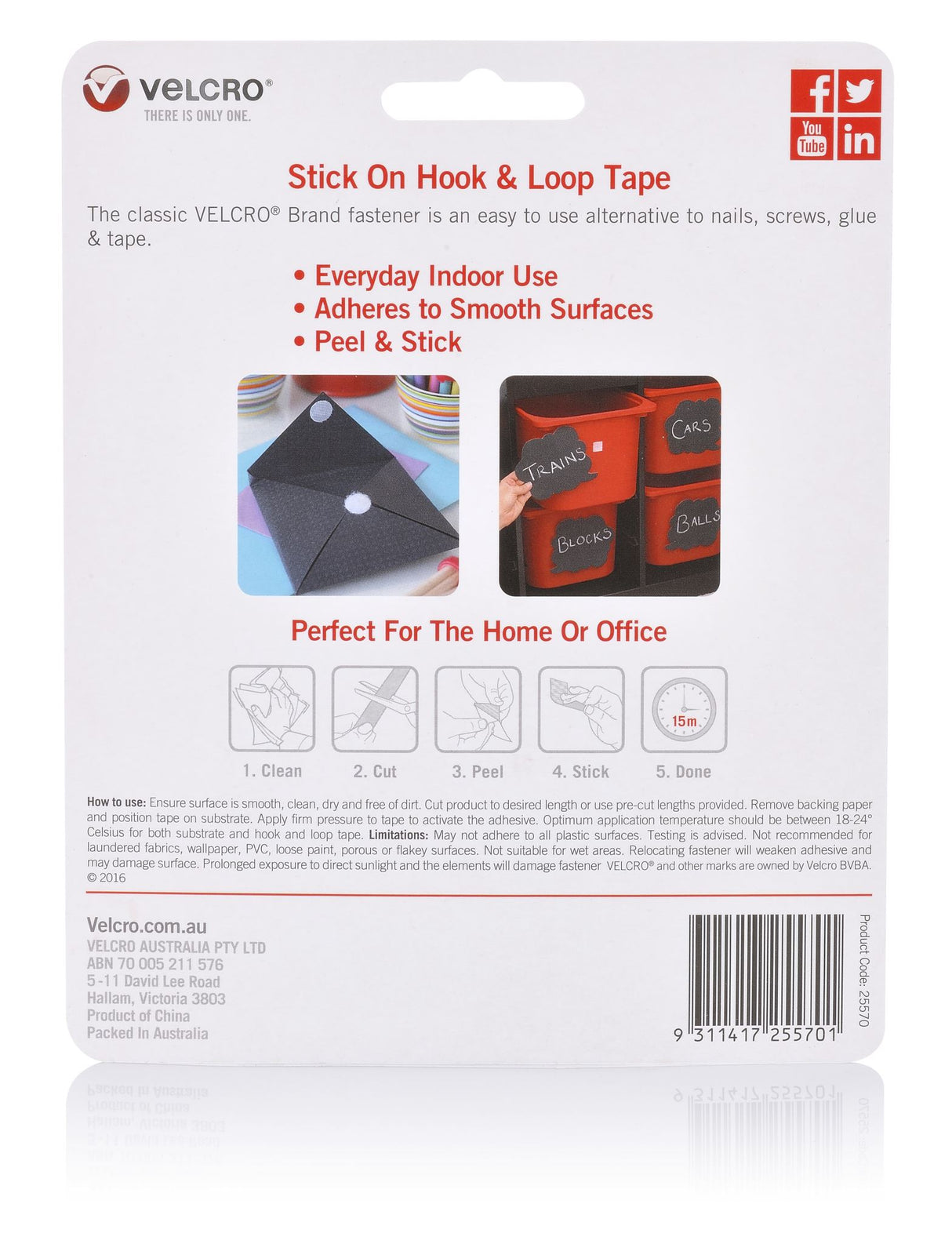 Black VELCRO® sticky back tape roll, 1m long, self-adhesive for easy fastening on various smooth surfaces.