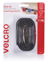 Black VELCRO® Sticky Back Tape, 1m roll, self-adhesive for easy fastening on various smooth surfaces. Ideal for DIY projects.