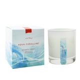 Aromatic candle in Aqua Coralline, made with food-grade paraffin wax, features a non-metal wick for up to 60 hours of clean burn.
