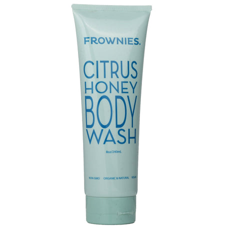 Frownies Citrus Honey Body Wash: 240ml cleanser with honey for silky, refreshed skin; cruelty-free and suitable for all skin types.