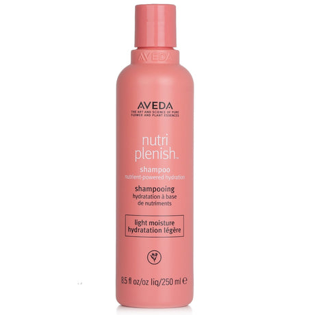 Nourishing Aveda Nutriplenish Shampoo with coconut oil and mango butter for hydration and softness in dry hair.