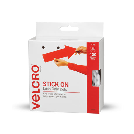 VELCRO® Spots Hook 22mm, 400 pack, durable white fasteners ideal for displays, events, and easy DIY projects.