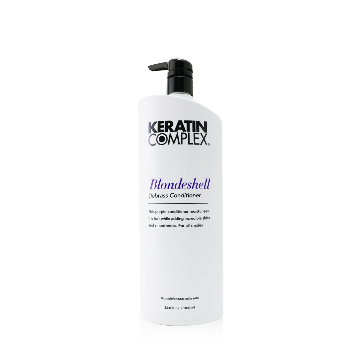 Purple moisturizing conditioner for blonde hair, infused with keratin, lavender oil, and proteins for shine and resilience.