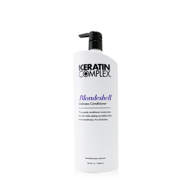 Purple moisturizing conditioner for blonde hair, infused with keratin, lavender oil, and proteins for shine and resilience.