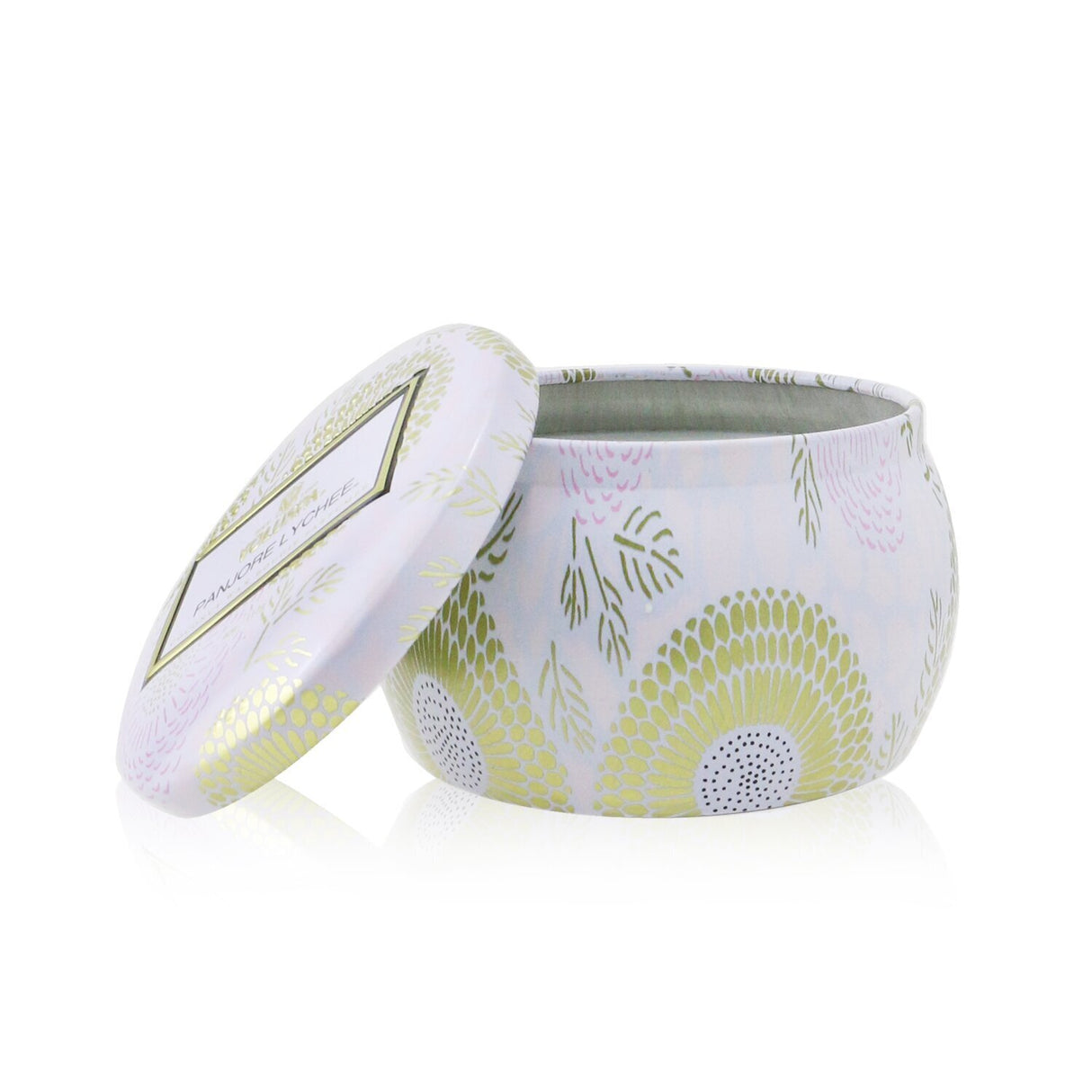 Voluspa Mini Tin Candle in Panjore Lychee, featuring a decorative tin, natural wax, and a captivating exotic scent.