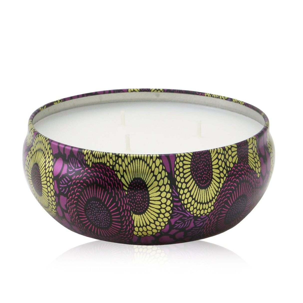 Voluspa 3 Wick Decorative Candle in Santiago Huckleberry, featuring a metallic tin and a clean, long-lasting coconut wax blend.