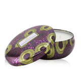 Voluspa 3 wick candle in metallic tin, scent of huckleberry, clean coconut wax, 40-hour burn, decorative home accent.