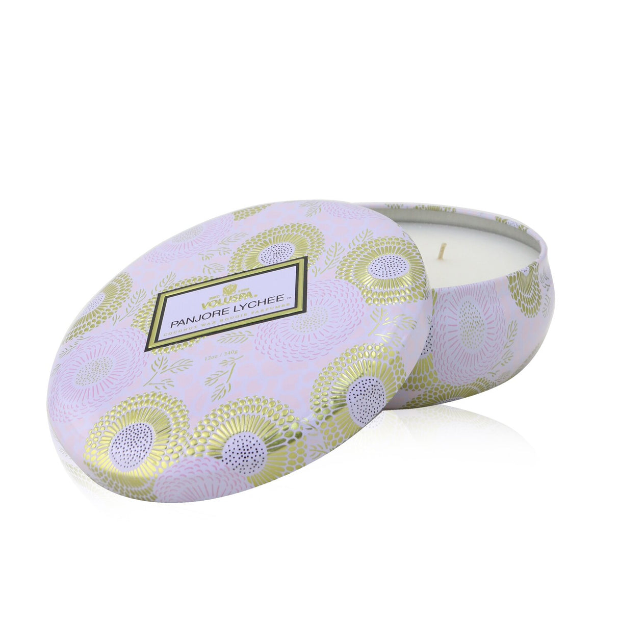 Voluspa's 3 Wick Decorative Tin Candle in Panjore Lychee, with fruity aroma, elegant tin, and a 40-hour burn time.