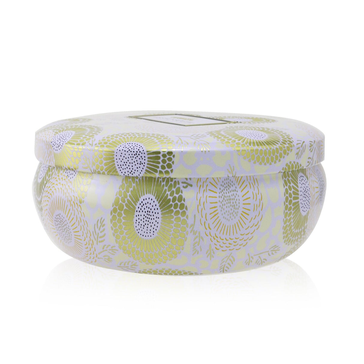 Voluspa 3 Wick Tin Candle in Nissho Soleil, metallic design with jewel tones, coconut wax, and 40-hour burn time.