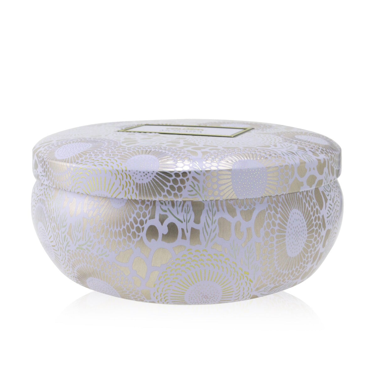 Luxurious Voluspa 3 Wick Candle in Mokara scent, metallic tin, eco-friendly coconut wax, 40-hour burn time.