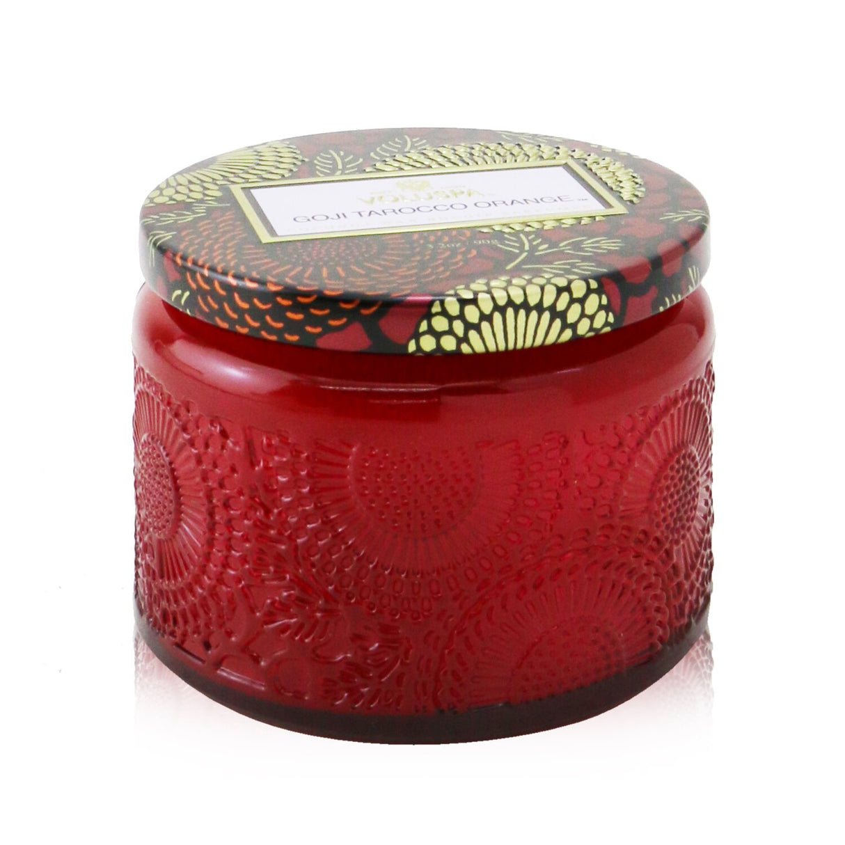 Petite Voluspa candle in Goji and Tarocco Orange, featuring a coconut wax blend and Japanese-inspired ornate container.