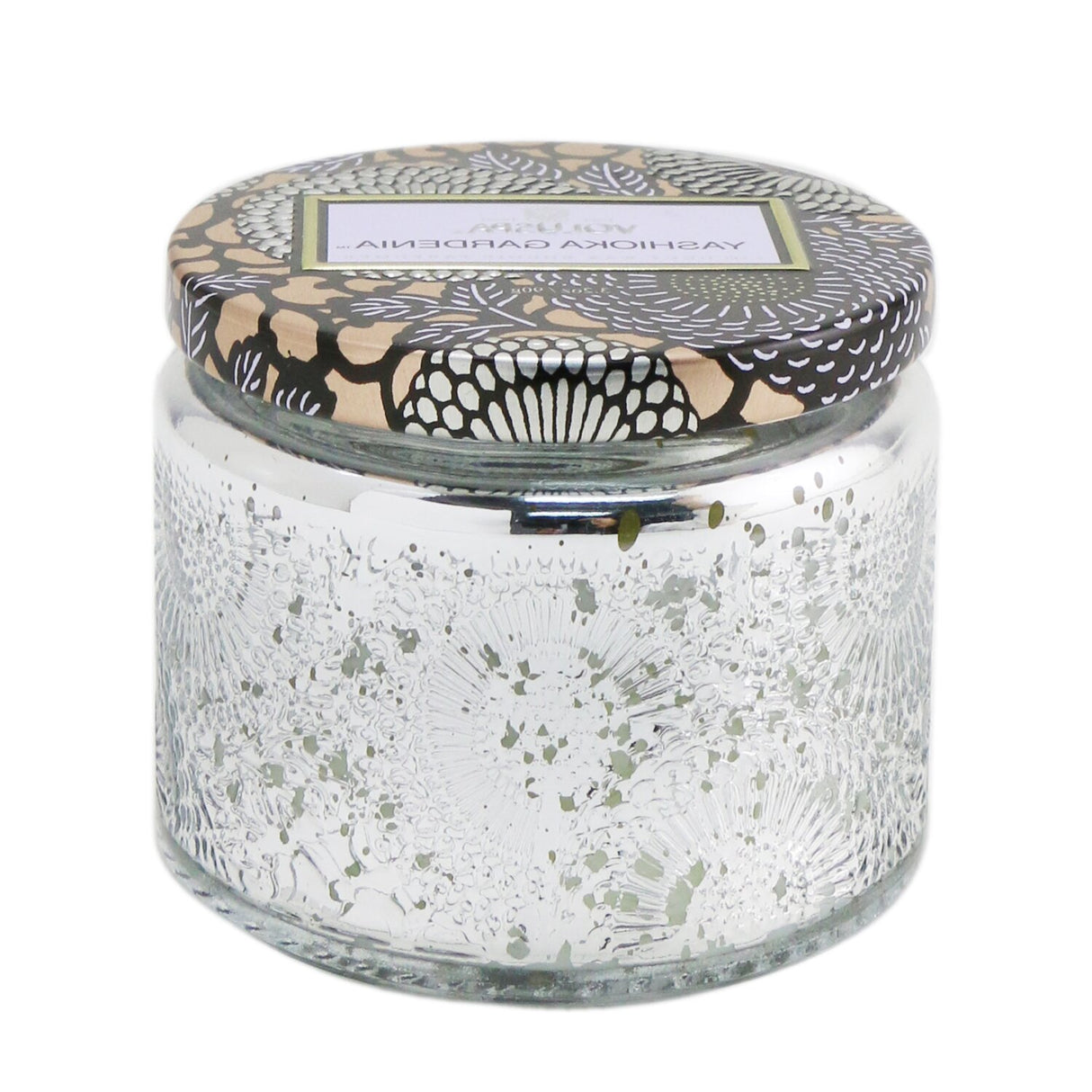 Petite jar candle with Yashioka Gardenia scent in ornate Japanese-inspired design, offering a 25-hour burn time.