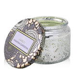 Voluspa petite jar candle in Yashioka Gardenia, featuring bold Japanese-inspired design and a floral scent, ideal for cozy spaces.