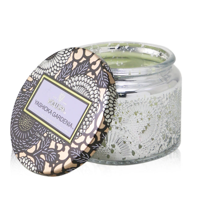 Voluspa petite jar candle in Yashioka Gardenia, featuring bold Japanese-inspired design and a floral scent, ideal for cozy spaces.