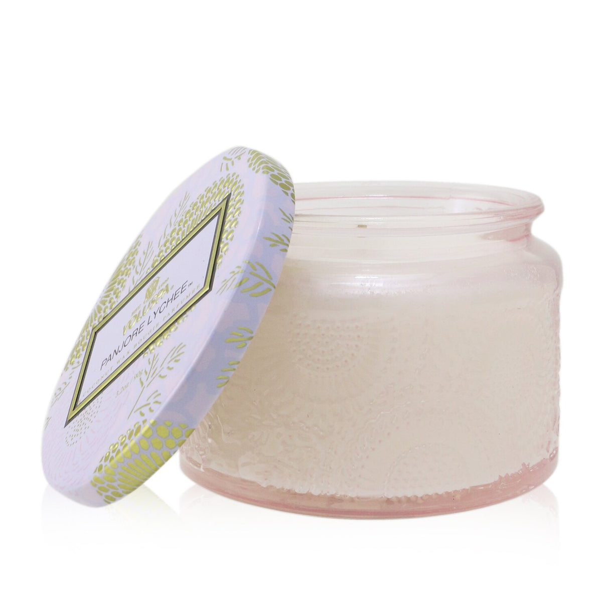 Voluspa Panjore Lychee Petite Jar Candle in vibrant container, crafted for a 25-hour burn with a tropical lychee scent.