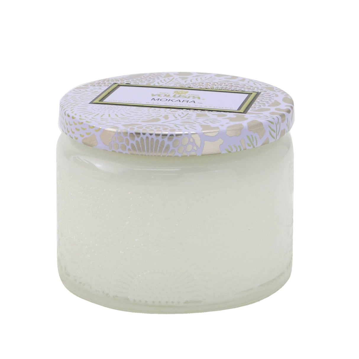 Voluspa Mokara Petite Jar Candle in an ornate container, 90g, with floral fragrance, clean burn, and a stylish lid.