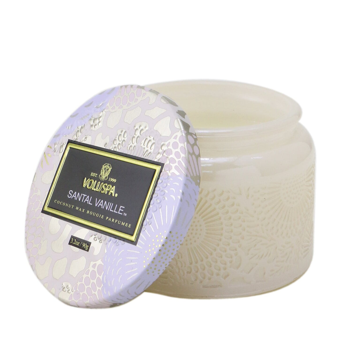 Voluspa Petite Jar Candle in Santal Vanille, adorned with Japanese-inspired design, offers a warm sandalwood and vanilla aroma.