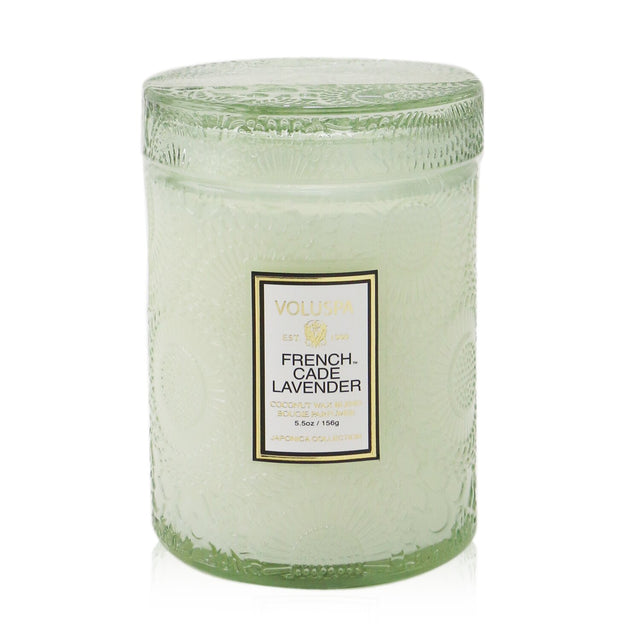 Voluspa small jar candle in French Cade Lavender, featuring a chic glass container and a soothing aromatic blend for serene ambiance.