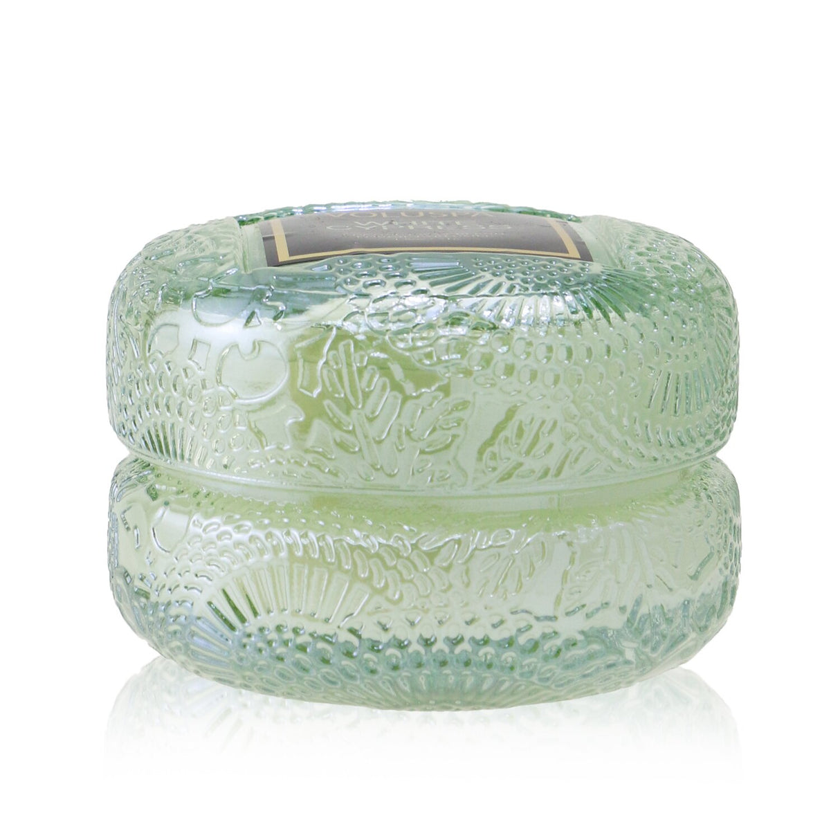 Voluspa Macaron Candle in White Cypress, 51g, elegantly designed with a geometric glass container and natural wax for a clean burn.