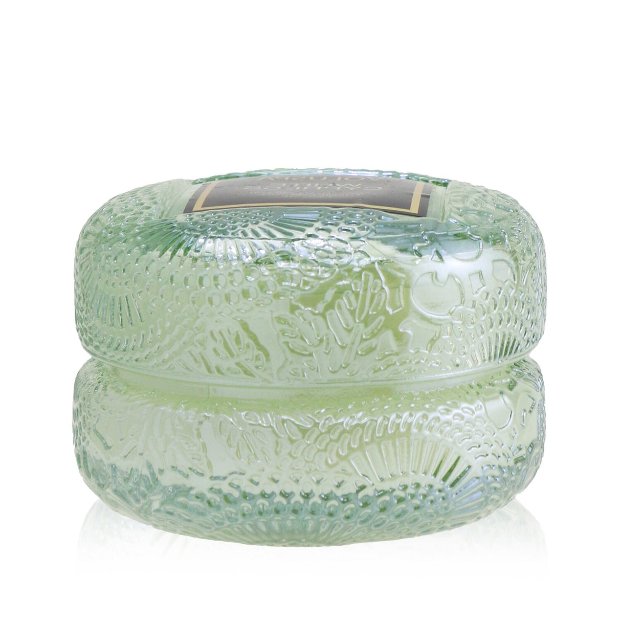 Voluspa Macaron Candle in White Cypress, elegantly designed glass, coconut wax blend, 15-hour burn, serene ambiance.