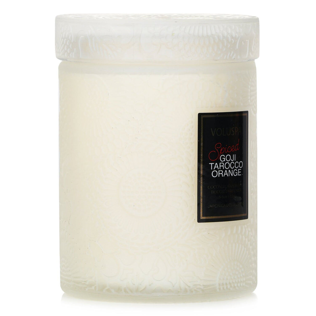 Voluspa Small Jar Candle in Spiced Goji Tarocco Orange, featuring a coconut wax blend and elegant glass container for a cozy ambiance.
