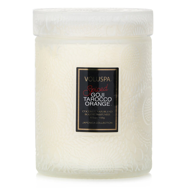 Voluspa Small Jar Candle in Spiced Goji Tarocco Orange, featuring a clean-burning blend, elegant glass, and a 50-hour burn time.