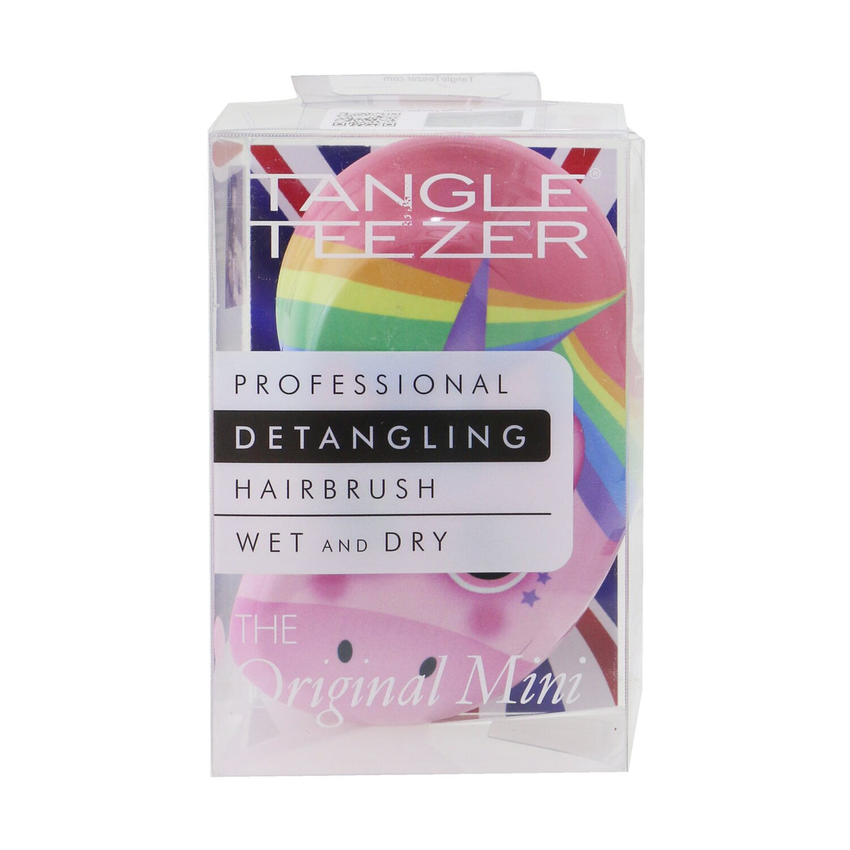 Mini detangling hair brush for kids, featuring unicorn design, smooth two-tiered teeth for tangle-free hair, wet or dry use.