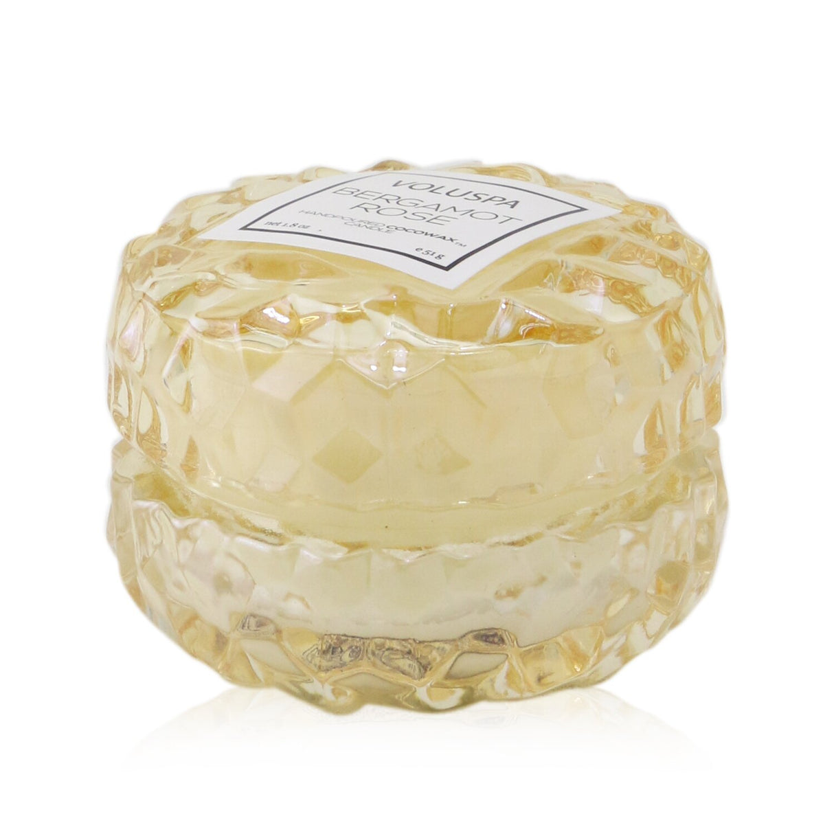 Voluspa Macaron Candle in Bergamot Rose, a hand-poured, clean-burning candle in a 3D cube glass container.