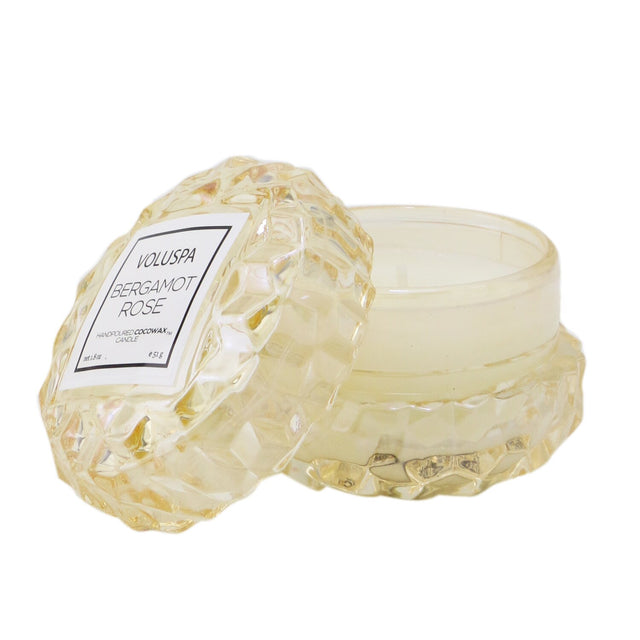 Voluspa Macaron Candle in Bergamot Rose, featuring a geometric glass container and a clean coconut wax blend for a soothing aroma.