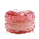 Voluspa Macaron Candle in Blackberry Rose Oud, 51g, in a textured glass jar with a lid for dust protection and 15-hour burn time.