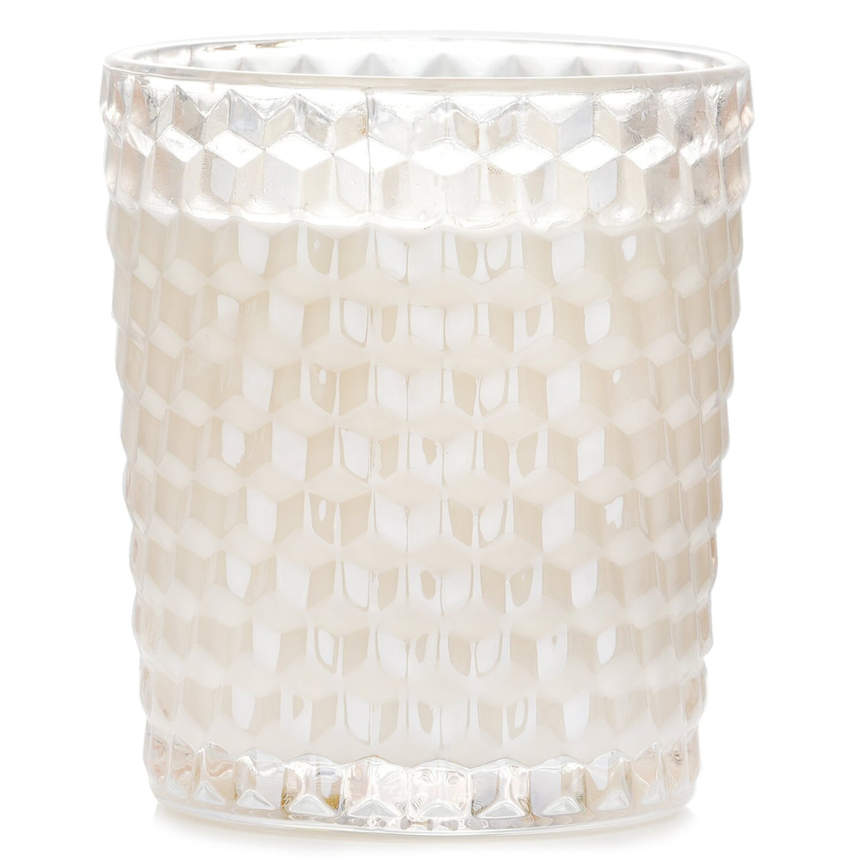 Elegant Voluspa Classic Candle in rose-colored glass, with floral aroma, coconut wax blend, 40-hour burn time, and geometric design.